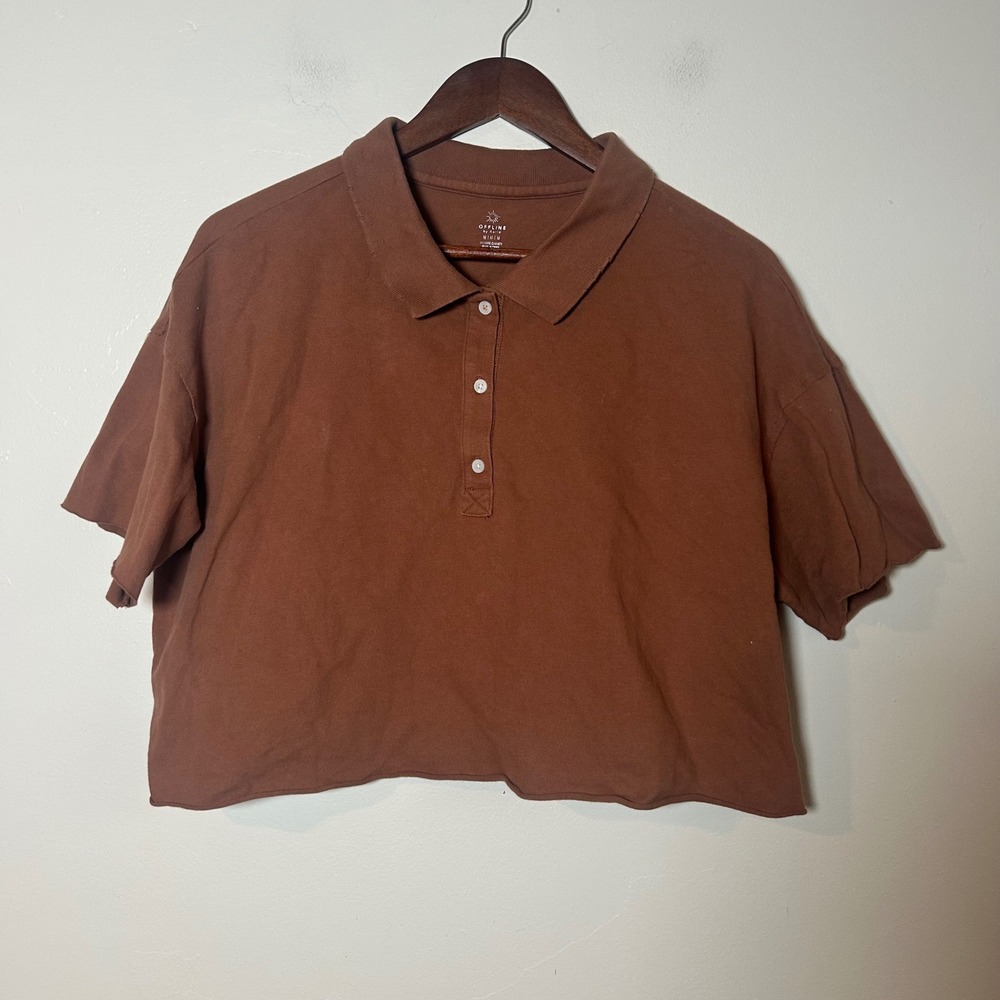 Offline by Aerie Polo Shirt Women Medium Brown Cropped Raw Hem Short Sleeve Boxy